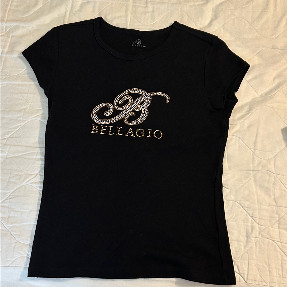 Women's Black Short Sleeve Tee with Rhinestone Logo
